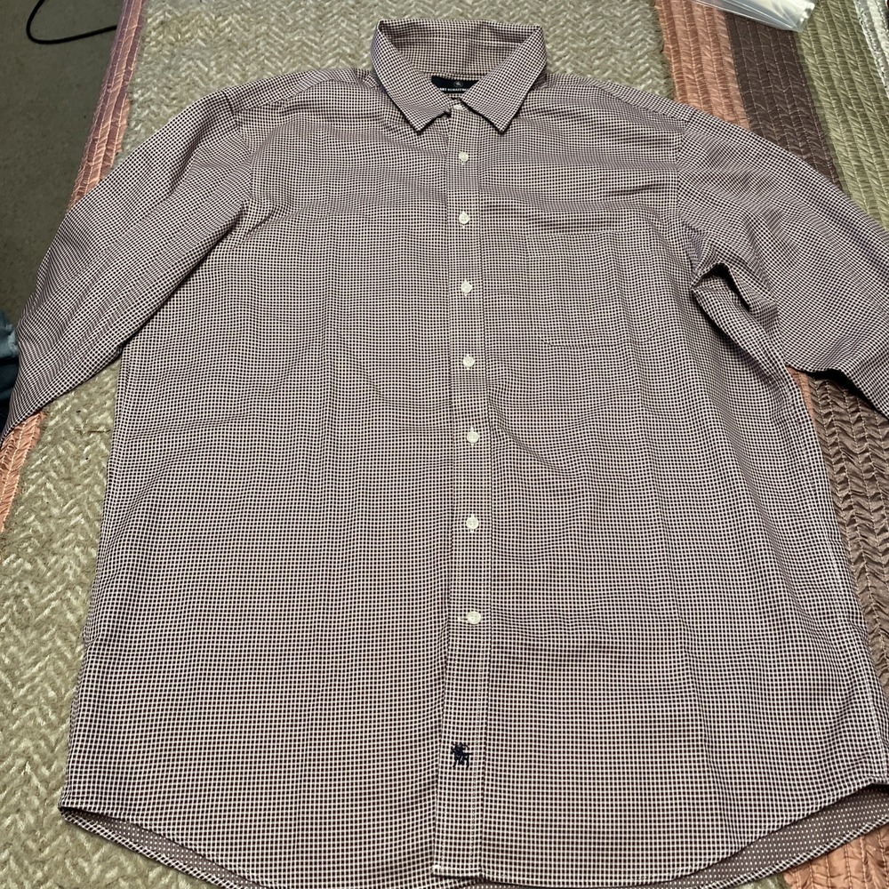 Hart Schaffner Marx Mens Dress Shirt 16.5 33 Red Grid Pima Cotton Non-Iron